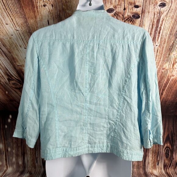 Chico's 100% Linen Jacket Size 3 US X Large 16 Blue Zip Up 3/4 Sleeve Coat Top - Picture 2 of 7